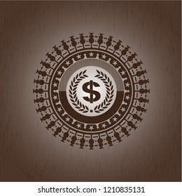laurel wreath with money symbol inside icon inside realistic wood emblem