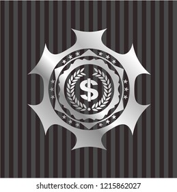laurel wreath with money symbol inside icon inside silvery shiny emblem