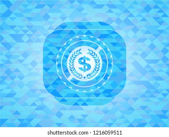 laurel wreath with money symbol inside icon inside realistic sky blue emblem. Mosaic background