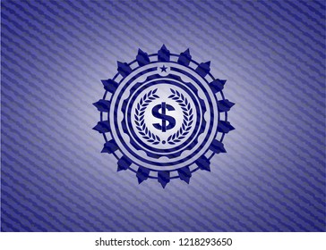 laurel wreath with money symbol inside icon inside badge with jean texture