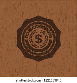 laurel wreath with money symbol inside icon inside realistic wood emblem