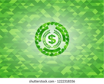 laurel wreath with money symbol inside icon inside green emblem with triangle mosaic background