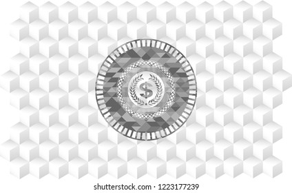 laurel wreath with money symbol inside icon inside realistic grey emblem with cube white background