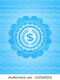 laurel wreath with money symbol inside icon inside water wave emblem background.