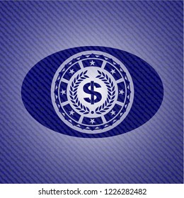 laurel wreath with money symbol inside icon inside denim background