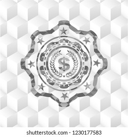 laurel wreath with money symbol inside icon inside grey emblem. Retro with geometric cube white background