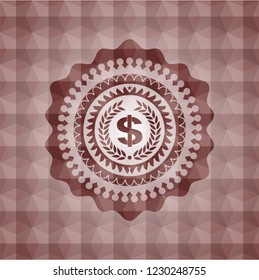 laurel wreath with money symbol inside icon inside red seamless emblem with geometric background.