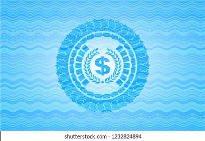 laurel wreath with money symbol inside icon inside water wave style badge.