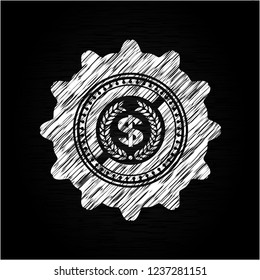 laurel wreath with money symbol inside icon inside chalkboard emblem
