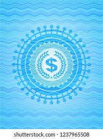 laurel wreath with money symbol inside icon inside water emblem.