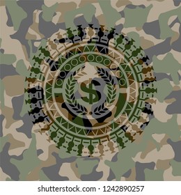 laurel wreath with money symbol inside icon inside camouflage emblem