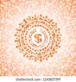 laurel wreath with money symbol inside icon inside orange mosaic emblem