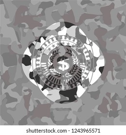 laurel wreath with money symbol inside icon on grey camo pattern