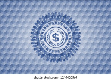laurel wreath with money symbol inside icon inside blue badge with geometric pattern.