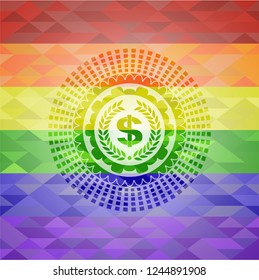 laurel wreath with money symbol inside icon on mosaic background with the colors of the LGBT flag
