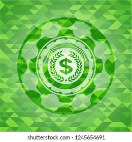 laurel wreath with money symbol inside icon inside realistic green emblem. Mosaic background