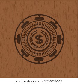 laurel wreath with money symbol inside icon inside retro wooden emblem