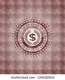 laurel wreath with money symbol inside icon inside red badge with geometric background. Seamless.
