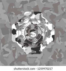 laurel wreath with money symbol inside icon inside grey camouflage texture