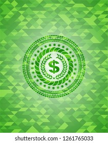 laurel wreath with money symbol inside icon inside green emblem with mosaic ecological style background