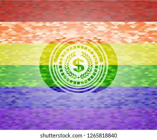 laurel wreath with money symbol inside icon inside emblem on mosaic background with the colors of the LGBT flag