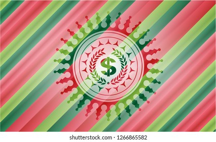 laurel wreath with money symbol inside icon inside christmas colors style badge.