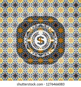 laurel wreath with money symbol inside icon inside arabic badge background. Arabesque decoration.