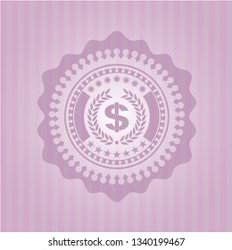 laurel wreath with money symbol inside icon inside badge with pink background