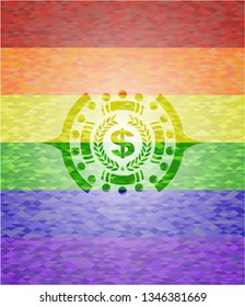 laurel wreath with money symbol inside icon inside emblem on mosaic background with the colors of the LGBT flag