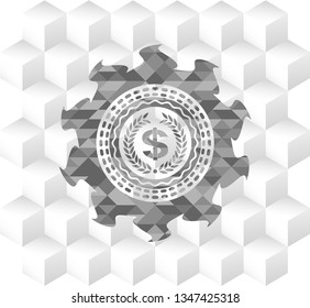 laurel wreath with money symbol inside icon inside grey badge with geometric cube white background