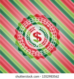 laurel wreath with money symbol inside icon inside christmas colors emblem.