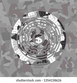 laurel wreath with money symbol inside icon on grey camouflaged texture