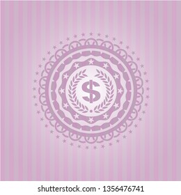 laurel wreath with money symbol inside icon inside retro pink emblem