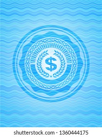 laurel wreath with money symbol inside icon inside water wave representation badge background.