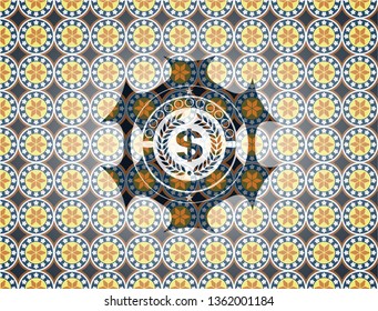 laurel wreath with money symbol inside icon inside arabesque emblem background. arabic decoration.