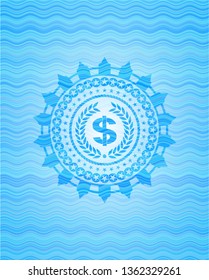 laurel wreath with money symbol inside icon inside water wave representation badge background.