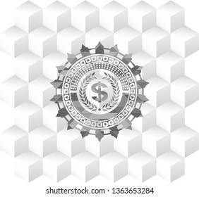 laurel wreath with money symbol inside icon inside realistic grey emblem with cube white background