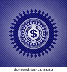 laurel wreath with money symbol inside icon with denim texture