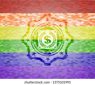 laurel wreath with money symbol inside icon on mosaic background with the colors of the LGBT flag