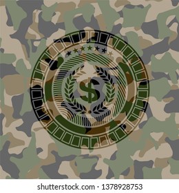 laurel wreath with money symbol inside icon inside camouflaged emblem