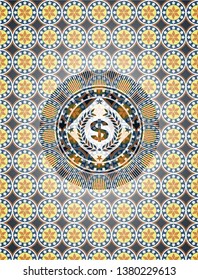 laurel wreath with money symbol inside icon inside arabic style emblem. Arabesque decoration.