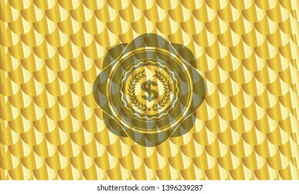 laurel wreath with money symbol inside icon inside golden emblem or badge. Scales pattern. Vector Illustration. Detailed.