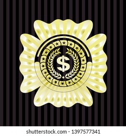 laurel wreath with money symbol inside icon inside gold emblem or badge