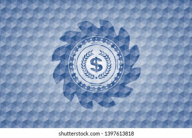 laurel wreath with money symbol inside icon inside blue badge with geometric background.