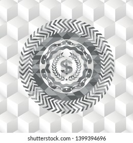 laurel wreath with money symbol inside icon inside realistic grey emblem with geometric cube white background