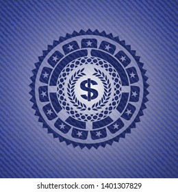laurel wreath with money symbol inside icon inside emblem with jean texture