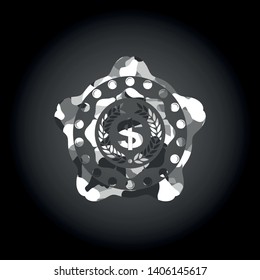 laurel wreath with money symbol inside icon on grey camo texture