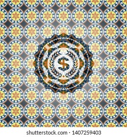 laurel wreath with money symbol inside icon inside arabesque emblem background. arabic decoration.