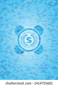 laurel wreath with money symbol inside icon inside light blue mosaic emblem