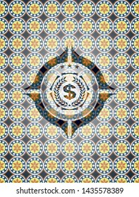 laurel wreath with money symbol inside icon inside arabic style badge. Arabesque decoration.